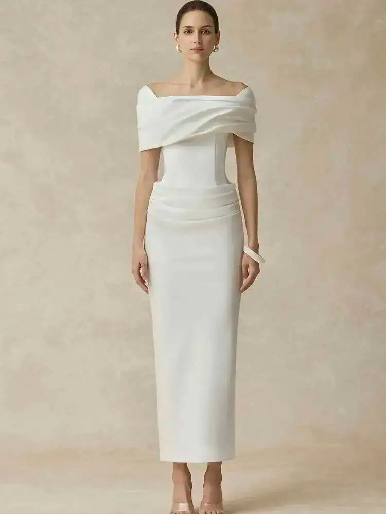 DEAT Elegant Dress Slash Neck Pleated Back Split Slim Hip Warp Long Women's Evening Party Dresses 2026 Winter New Tide...