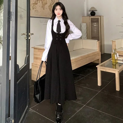 Lapel Neck Tie Long Sleeve White Shirt Women+ Slim Waist Mid-length Strap Dress For Women Two Piece Sets 2025 Fashion New