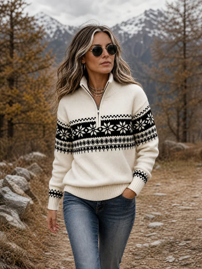 Women Snowflake Fair Isle Jacquard Half Zip Mock Neck Sweater Cream White Long Sleeve Ribbed Cuff Warm Knit Pullover |...