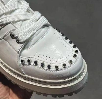 Men's Genuine Leather Casual Shoes White European Metal Rivet Design Board Shoes Thick Soled Trainers Height Increasing Sneakers