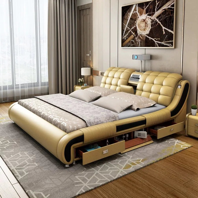 Modern Luxury Bedroom Furniture Smart Electric Massage Up-holstered Beds king Size Double Bed Gas Lift Frame with Storage Design