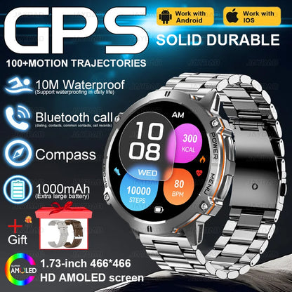 2025New Outdoor Military GPS Compass Smart Watch Men 1.73"HD AMOLED Screen 1000MAH Heart Rate BT Call IP68 Waterproof Smartwat