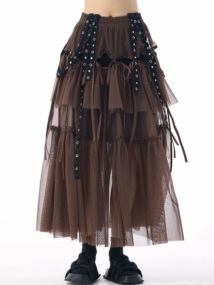 [EAM] High Elastic Waist Coffee Mesh Perspective Ribbon Strap Half-body Skirt Women Fashion Tide New Spring Autumn 2026 1DJ5044