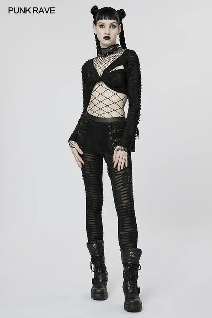PUNK RAVE Women's Gothic Decayed Slim-fit Leggings Punk Meta Eyelets Webbing Personality Thin Black Pants Spring/summer