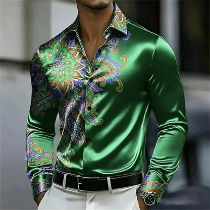 Men's Satin Paisley Printed Shirt Luxury Glossy Long Sleeve Casual Button Down Dress Shirts Nightclub Party Wear