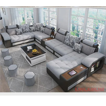 Linlamlim U-Shaped Sectional Fabric Sofa Set - Modern Living Room Furniture with Storage, Built-in Side Table, USB, and...