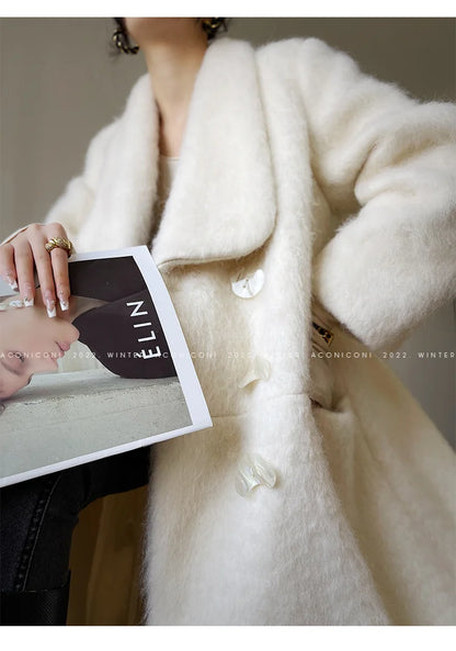 Lautaro Winter Long Vintage White Thick Warm Fluffy Wool Blends Coat Women Double Breasted Elegant Luxury Designer...