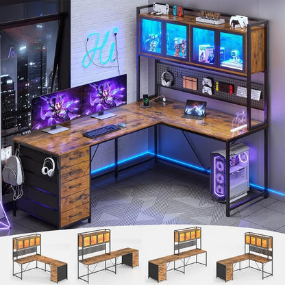 L Shaped Gaming Desk with Drawers and Storage Shelves for Home Office Corner Computer Desk with Hutch Pegboard Panel Built-in L