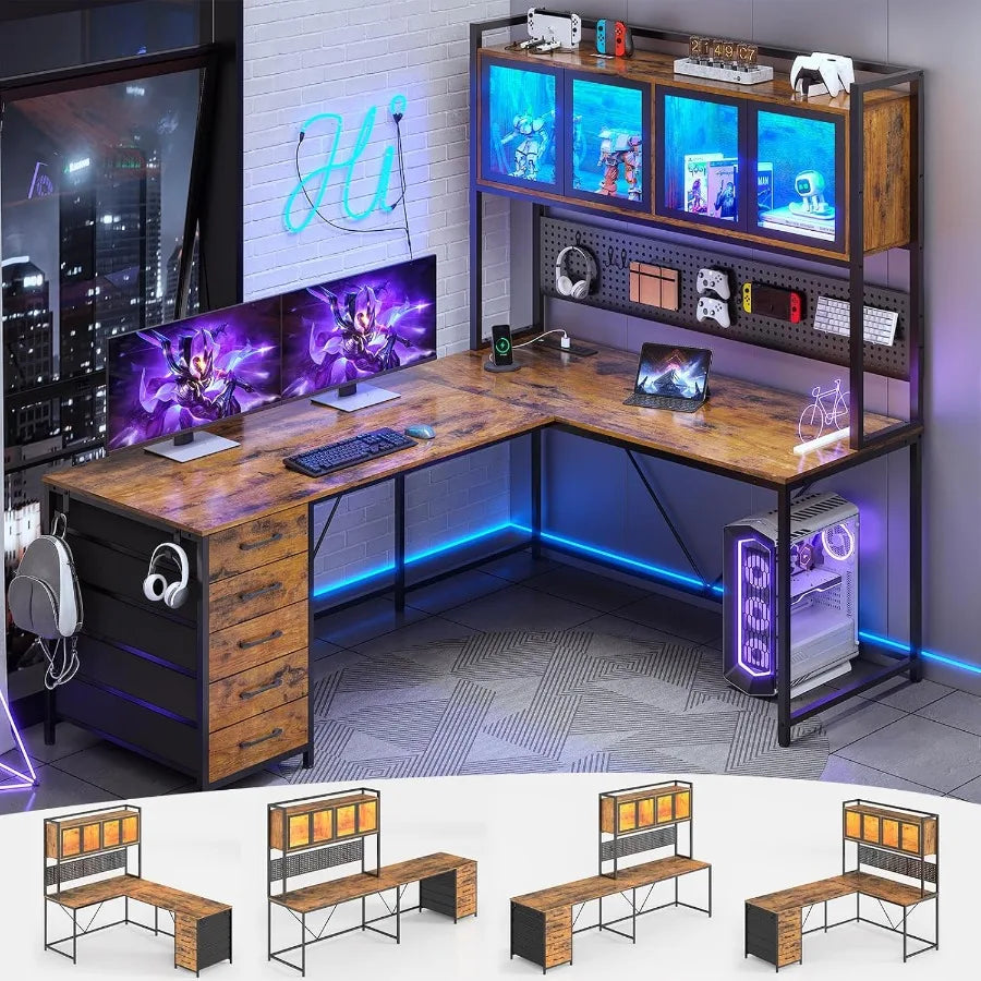 L Shaped Gaming Desk with Drawers and Storage Shelves for Home Office Corner Computer Desk with Hutch Pegboard Panel Built-in L