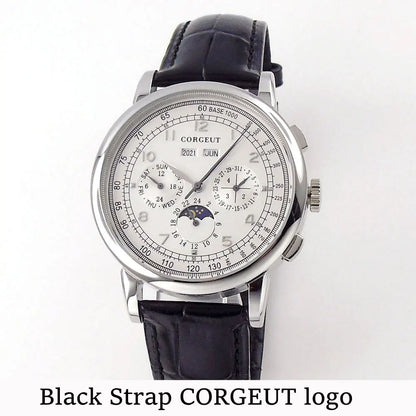 Corgeut Multi Functional Watch Automatic Mechanical Watch for Men 42mm Day Date Month Year Day/Night ST1655 Movt Polished Case