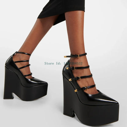 Platform Thick Heel Bucke Strap Pumps Sexy Pointed Toe Patent Leather New Arrivlas Fashion Women Modern Runway Shoes