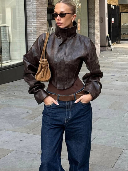 Nibber Hottie Crop Jacket Women Turtleneck Pu Irregular Zip Button Full Sleeve Wild Sexy Street Midnight Autumn Hipster...