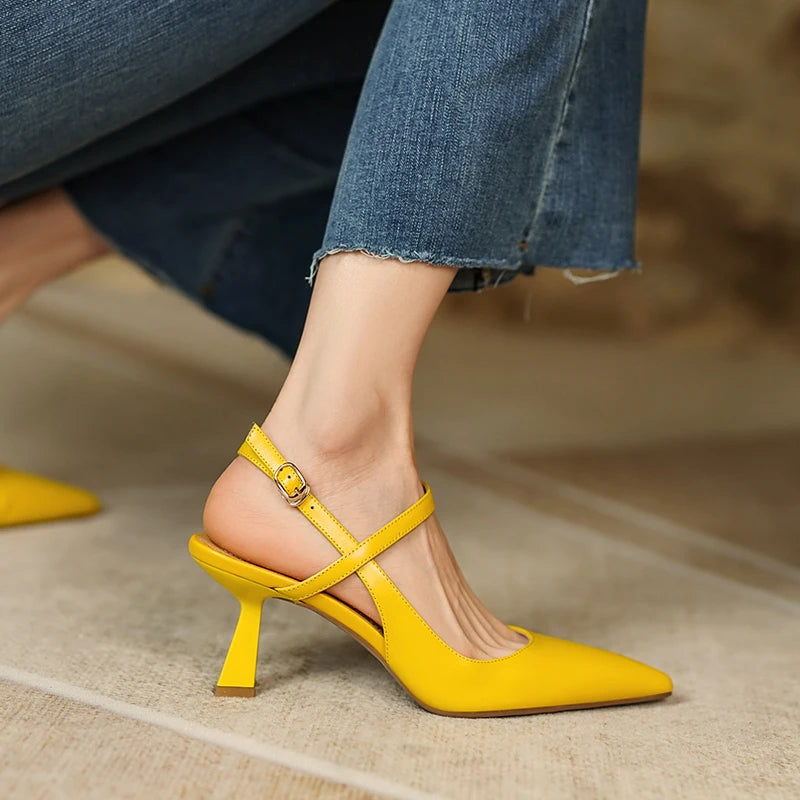 Fashion Slingbacks Women Pumps Spring Summer Office Ladies Party Prom Genuine Leather Pointed Toe High Heels Shoes Woman Sandals