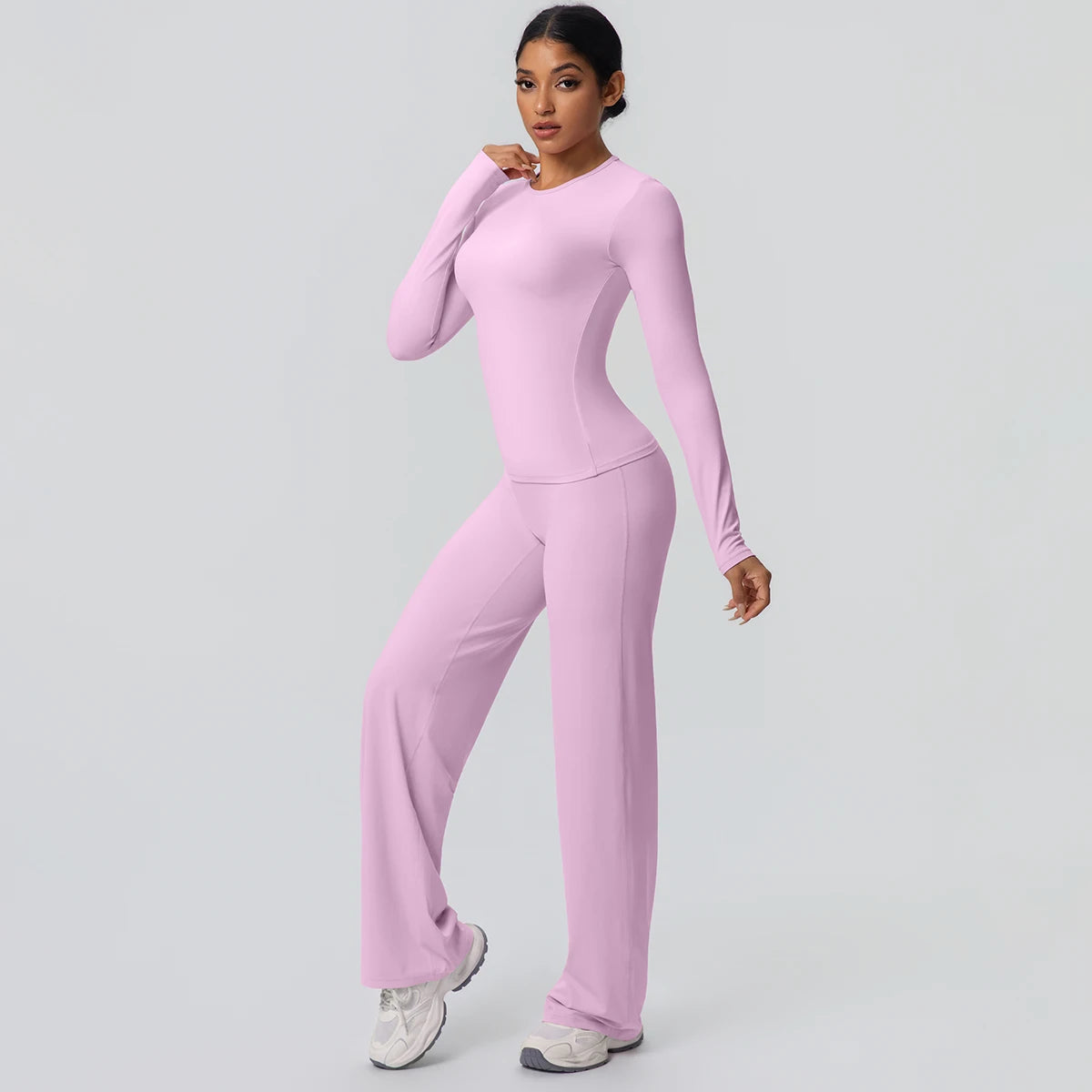 2pieces Women Gym Yoga Set Running Shirts Slim Long Sleeves Workout Top Quick Drying High Stretch Wide Leg Pants Thin Yoga Set