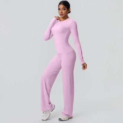 2pieces Women Gym Yoga Set Running Shirts Slim Long Sleeves Workout Top Quick Drying High Stretch Wide Leg Pants Thin Yoga Set