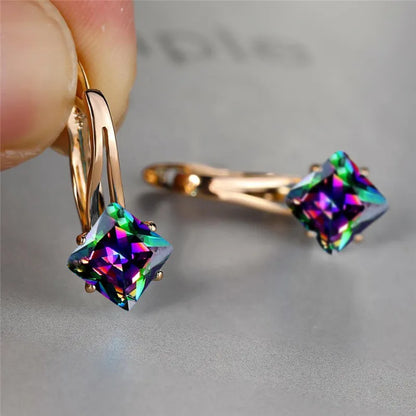 Cute Female Champagne Square Jewelry Luxury Crystal Zircon Stone Hoop Earring Rose Gold Color Wedding Earrings For Women