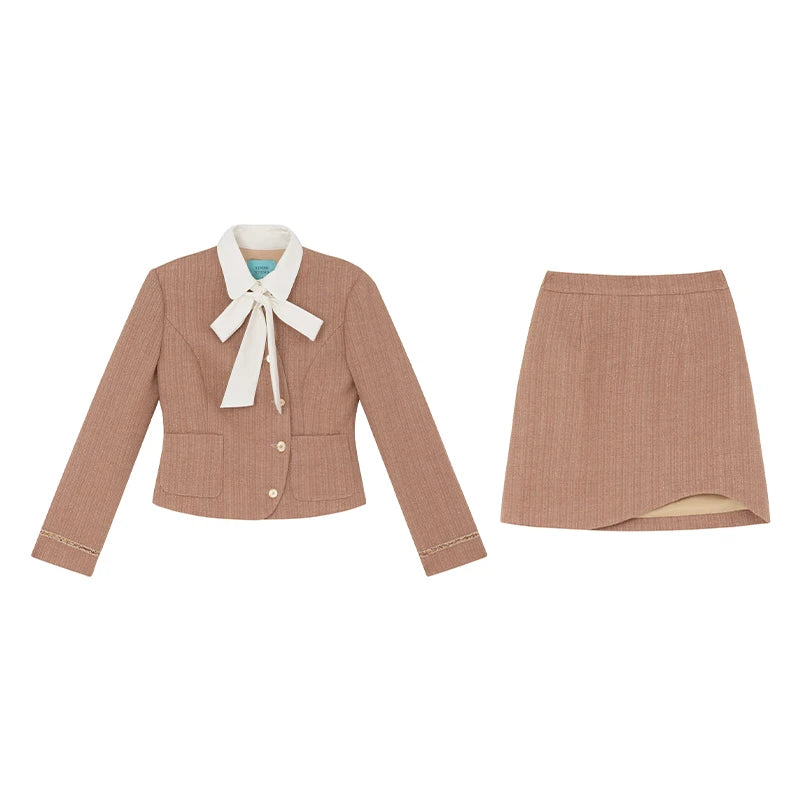 XXNING Luxury Faion Set Women's Autumn Winter ort Coat Skirt Two-Piece Suit Ele Lady Sle  Knot Design