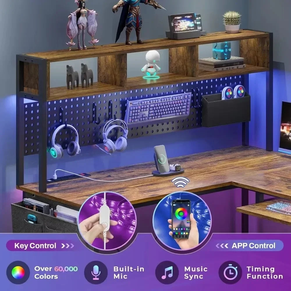 L Shaped Computer Desk, Reversible Corner Desk with Power Outlet and Pegboard, Computer Desk with Led Lights Customized