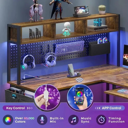 L Shaped Computer Desk, Reversible Corner Desk with Power Outlet and Pegboard, Computer Desk with Led Lights Customized