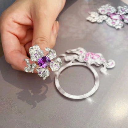 2022 New Trendy Big 925 Ring Amethyst Zircon Flower Open Rings for Women Luxury INS Style Party Dinner Sterling Silver...