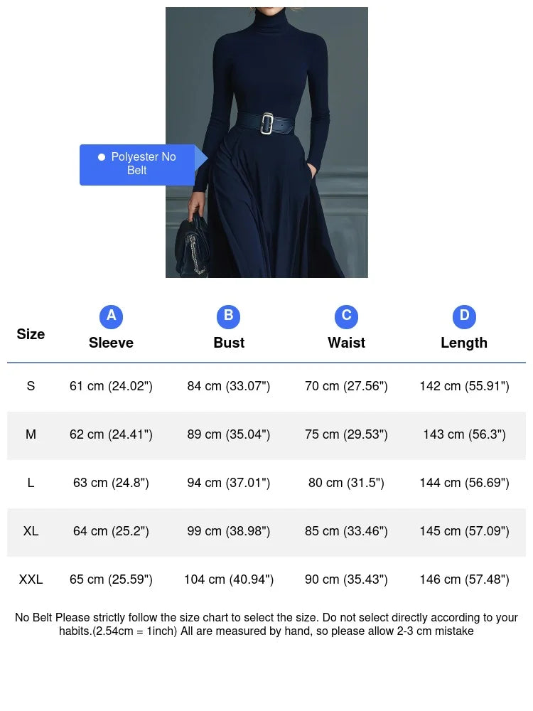 Women Elegant Turtleneck Solid With Pockets Dress Spring Autumn Fashion Slim Fit Big Swing Floor Length Evening Gown NO...