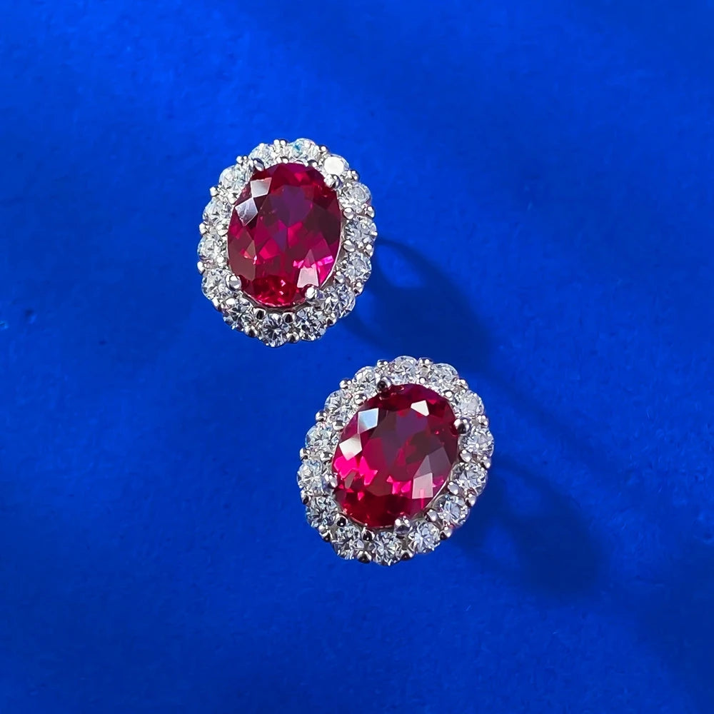 Wong Rain Vintage 100% 925 Sterling Silver Oval Cut 6*8 MM Ruby Sapphire High Carbon Diamond Gemstone Ear Studs Earrings...