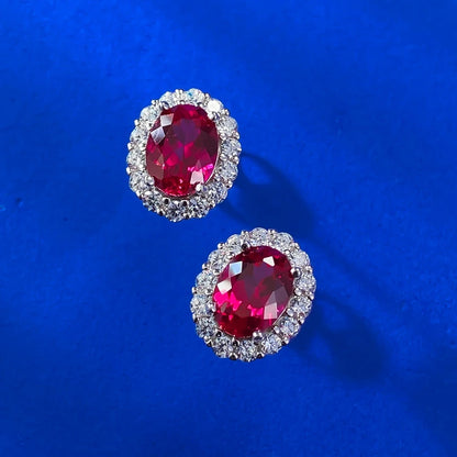 Wong Rain Vintage 100% 925 Sterling Silver Oval Cut 6*8 MM Ruby Sapphire High Carbon Diamond Gemstone Ear Studs Earrings...