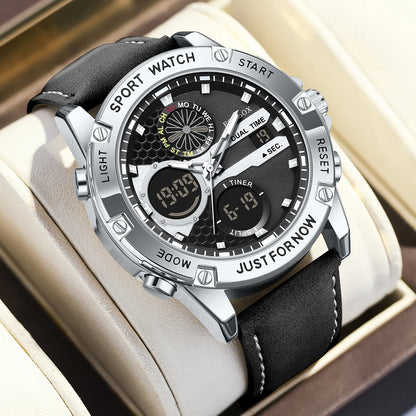 FOXBOX Fashion Men's Luxury Watch Leather Strap Quartz Watches Business Dual Display Waterproof Date Chronograph Man Watch+Box - Kimlud