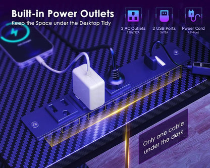 48-Inch L-Shaped Gaming Desk with USB Ports, LED Lights, Storage Shelves & Power Outlets in Black