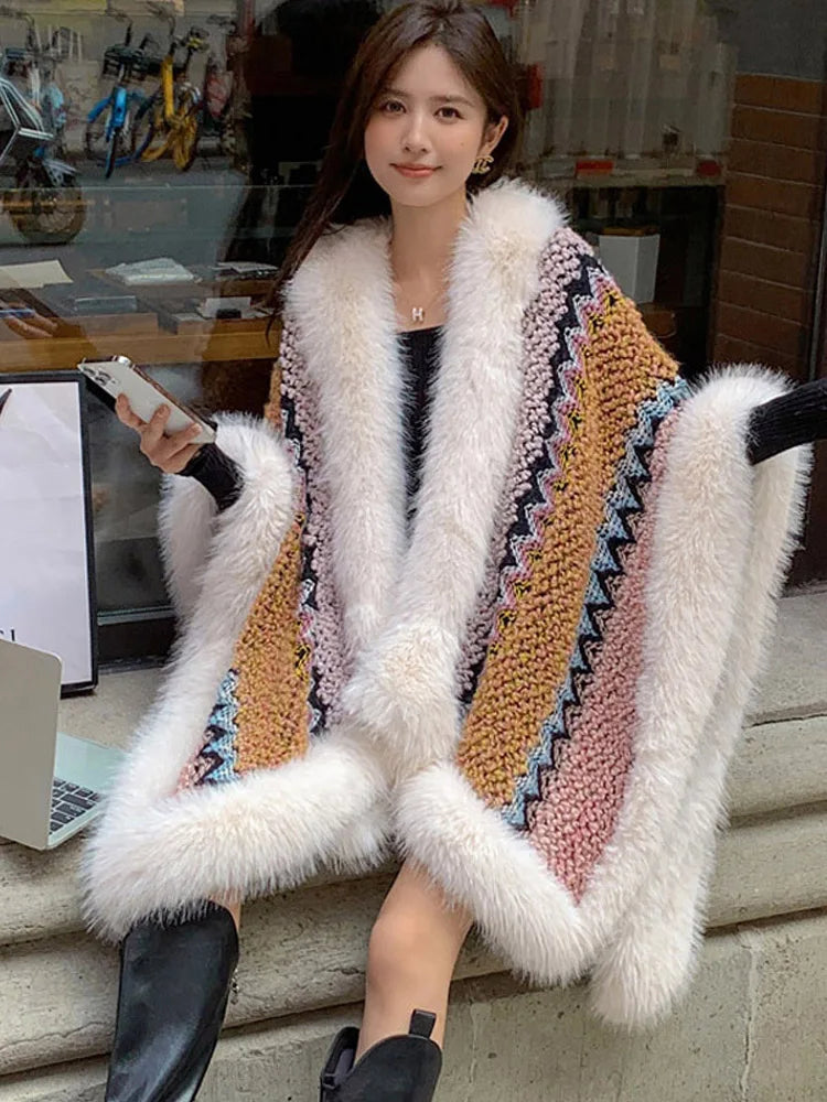 Novelty Vintage Fluffy Hollow Knit Cape Faux Fox Fur Trims Coat Poncho Women Autumn Winter Colorful Cloak Party Travel...