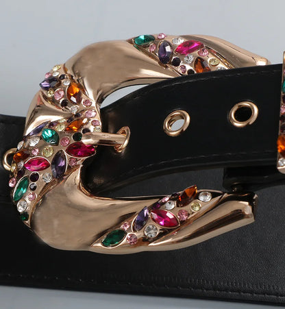 Luxury Retro Color Rhinestone Zircon Metal Belt Niche Design Elegant Fashion Leather Wide Belt Women Down Coat Skirt...