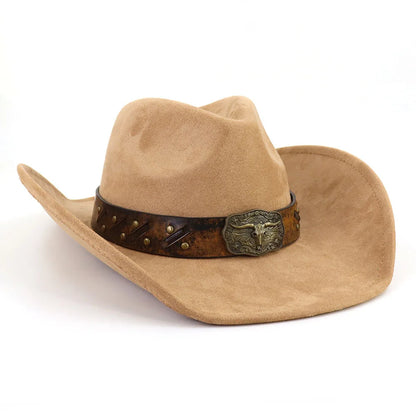 Western Big Brim Cowboy Hat Bull's Head Leather Band Suede Top Hat Outdoor Mens Hats Ladies Party Horse Riding Cowgirl...