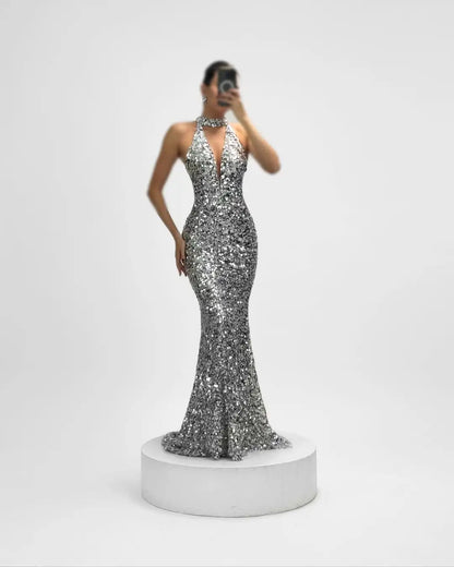 Ofherown Luxury Sequins Beaded Mermaid Evening Dresses Halter Deep-V Neck Prom Gowns Formal vestido de noche Customized