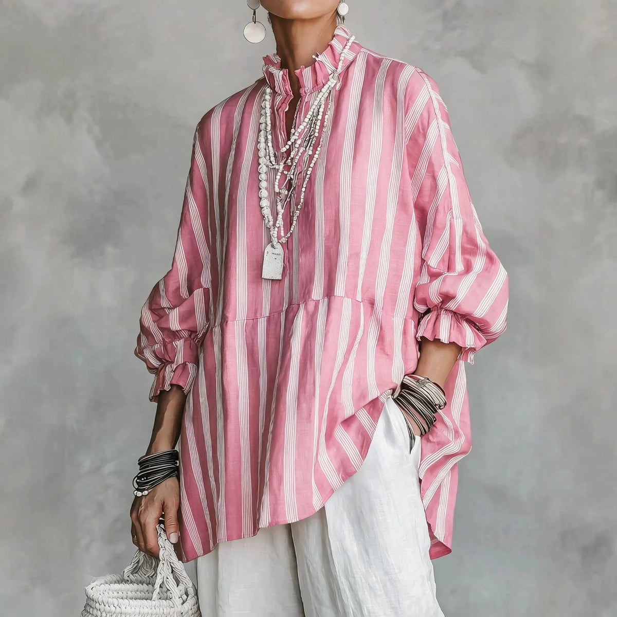Women Stripes Print Blouse Autumn Casual Stand Collar Long Sleeve Top Simple Lady Blouses Streetwear Loose Harajuku...