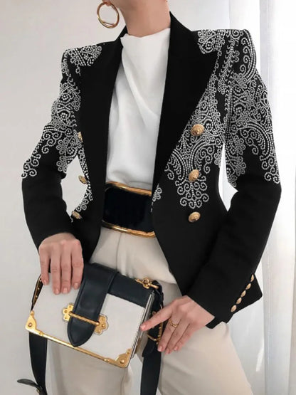 Long Sleeve Button Patchwork Simple Outerwear, Women Spring Autumn Turn-Down Collar Chic Coats, New Print Fashion Ladies Blazers