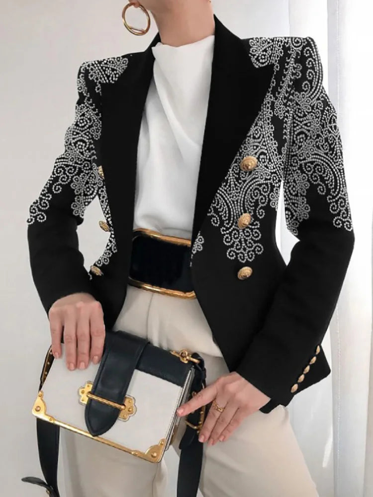 Long Sleeve Button Patchwork Simple Outerwear, Women Spring Autumn Turn-Down Collar Chic Coats, New Print Fashion Ladies Blazers