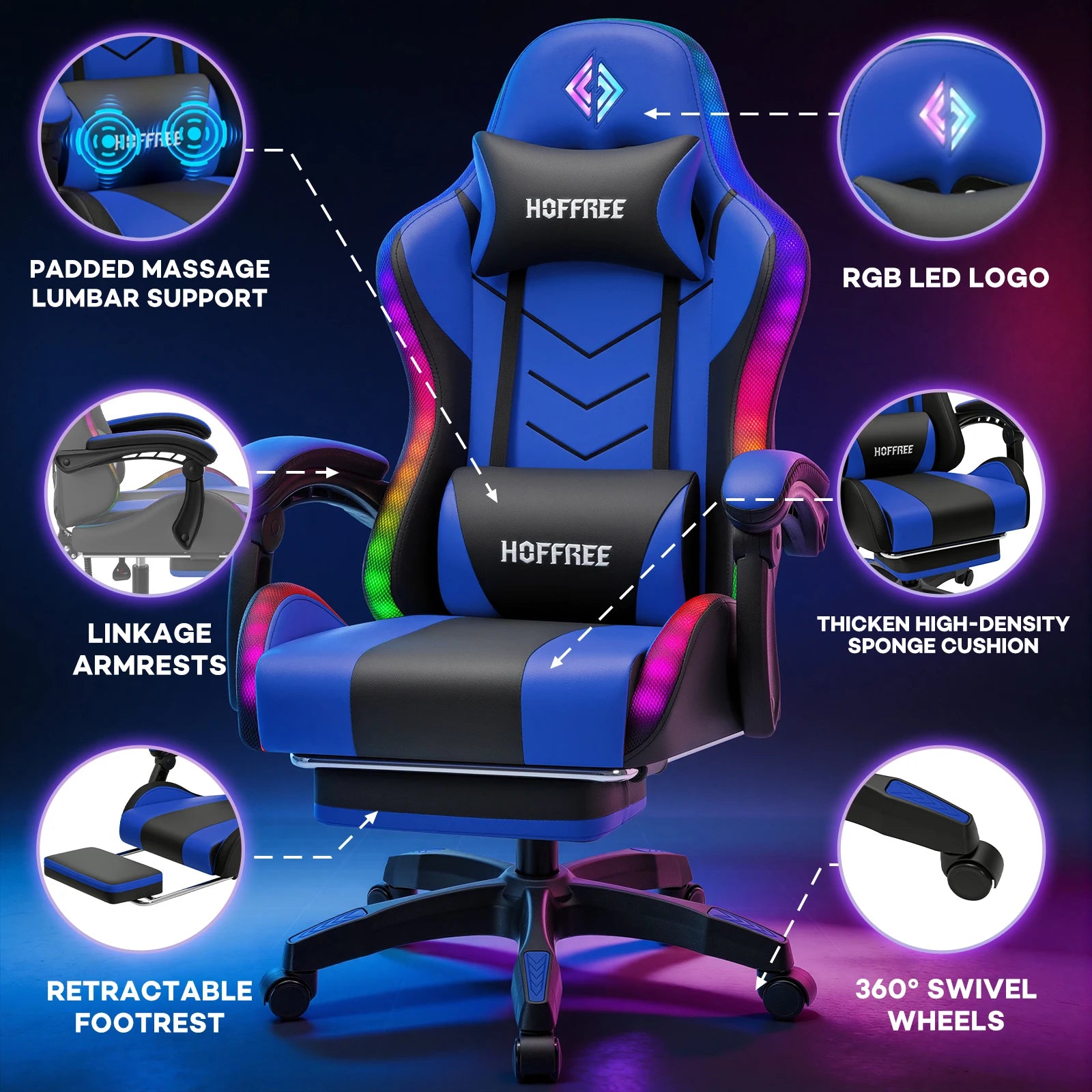 300lbs Load RGB Gaming Chair with Speakers Ergonomic Massage Computer Gaming Chair with LED Lights and Footrest High Back Video