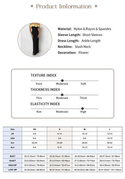 VC Elegant Fashion Off-Shoulder Black Maxi Dress with Golden Floral Embellishments Party Evening Gown