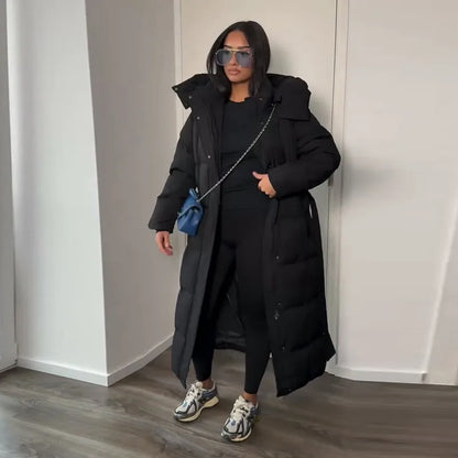 Warm Women's Puffy Quilted Hooded Long Cotton Coat Loose Solid Stand Collar Lace Up Zipper Overcoats 2025 Winter Lady Outwear