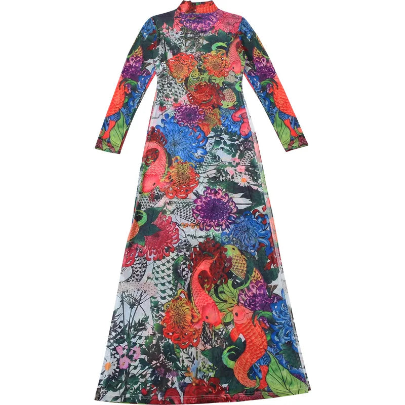 Spring New Women's Long Sve High Collar Plant Print Maxi Top Faionable Individuatic f High Ne Long Open Split Top