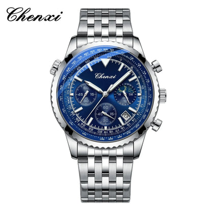 Luxury StopWatch Moon Phase Waterproof Male Clock Luminous Date Stainless Steel Square Quartz Men Watch reloj hombre