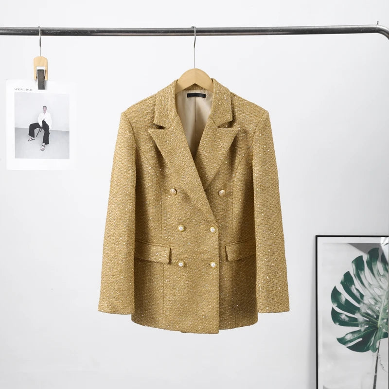 Elegant V-neck Sequin Blazer Women Double Breasted Full Sleeves Solid Slim Jackets Lady 2025 Autumn Formal Female Outwears New