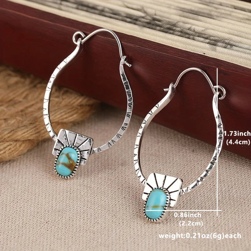 Boho-Chic Hoop Earrings - Silvery Plated, Synthetic Gemstone Inlay, Zinc Alloy - Perfect for Casual Attire & Gifting |...