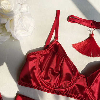 Ellolace Fine Satin Lingerie Sexy Underwear Lace 5-Piece Sissy Seamless Intimate Uncensored Skirt Fancy Bra And Panty Outfits