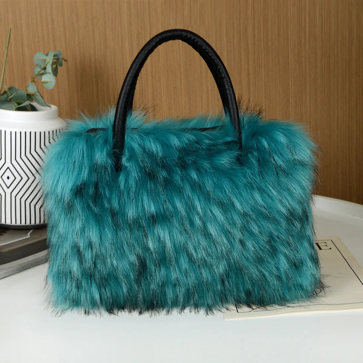Autumn Winter Faux Fur Tote Bag For Women Rectangular Large Capacity Plush Handbags American Fashion High Street Crossbody Bags