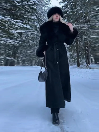 Fur Collar Coats For Woman Belt Long Jackets Winter Outwear Vintage Black Coat Double Breasted Tops Warmed Casual Lady Clothes