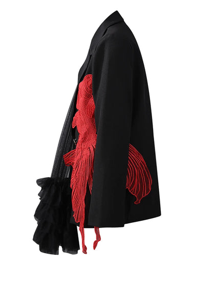 [EAM] Women Black Mesh Irregular Fish Spliced Big Size Blazer New Lapel Long Sleeve Jacket Fashion Spring Autumn 2025...