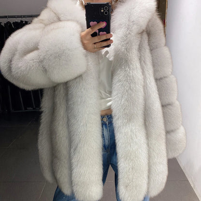 YOLOAgain Hooded Real Fox Fur Jacket Women 2025 Winter Warm Natural Fox Fur Coat Female