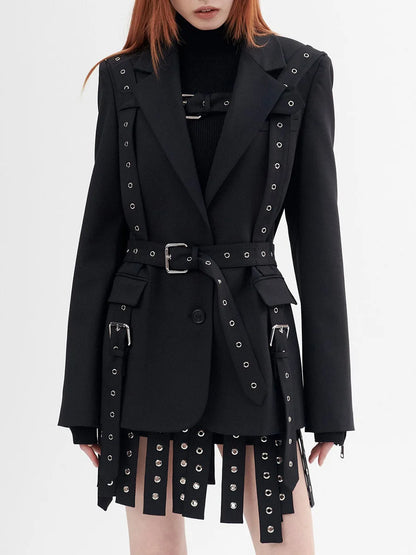 Women's Solid Color Temperament Suit Jacket 2025 Autumn Notched Single Breated Belted Slim Biker Motor Style Casual Blazer