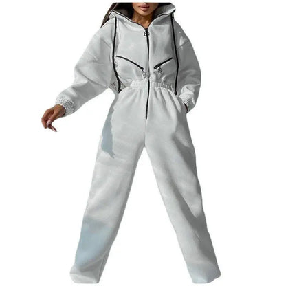 Long Sleeve Sports Casual Women's Hooded Overall Pants Jumpsuits Solid Color Jumpsuit Women One-Piece Suit - Kimlud